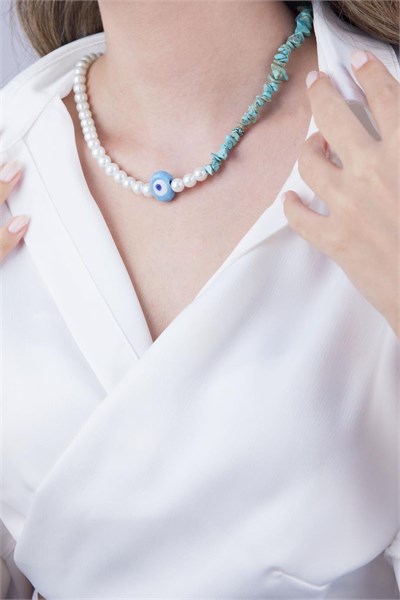 Blue Nazar Bead Crushed Stone and Pearl Necklace
