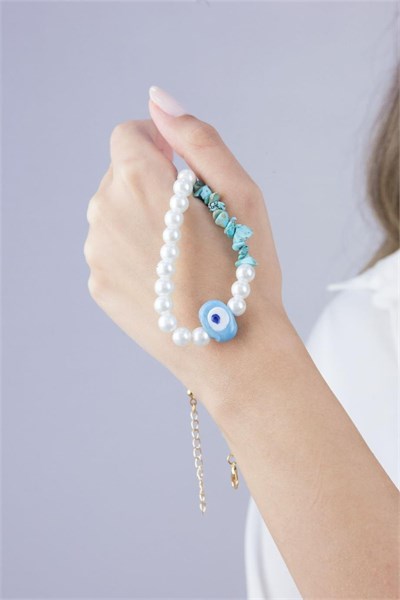 Blue Nazar Bead Crushed Stone and Pearl Necklace