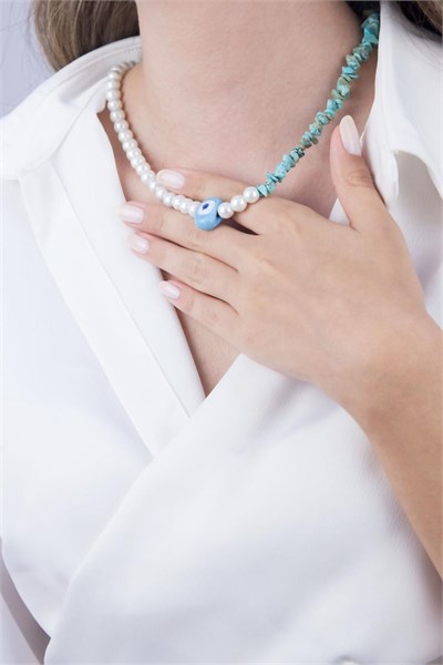 Blue Nazar Bead Crushed Stone and Pearl Necklace
