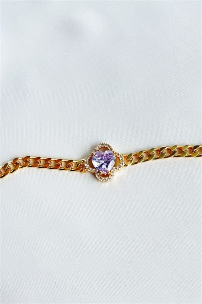 Violet Heart Detail Zircon Stone Gold Bracelet