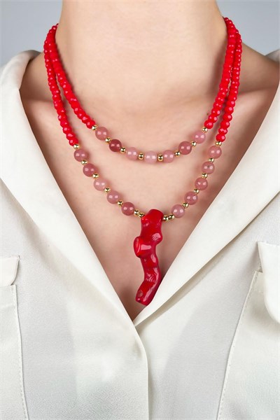 Coral Tip Two Row Natural Stone Necklace - Red