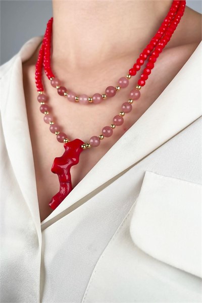 Coral Tip Two Row Natural Stone Necklace - Red