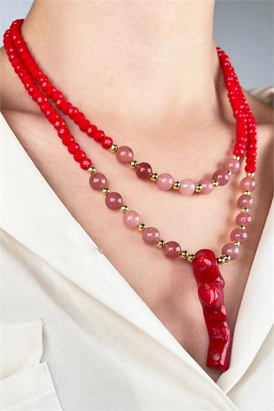 Coral Tip Two Row Natural Stone Necklace - Red