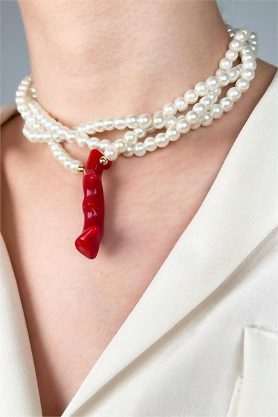 Coral Tip Spiral Pearl Necklace - White