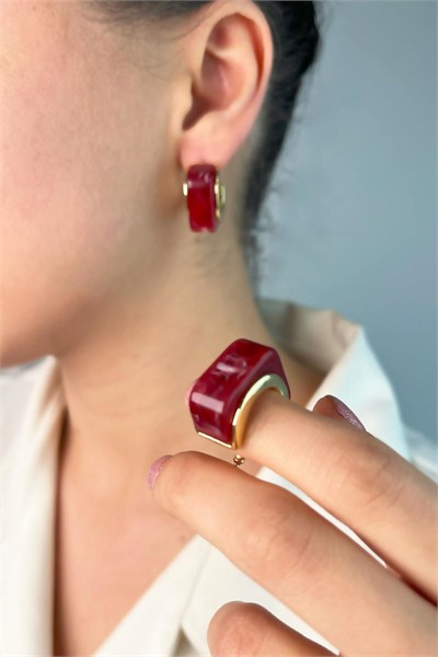 Mine Detailed Square Earrings - Burgundy