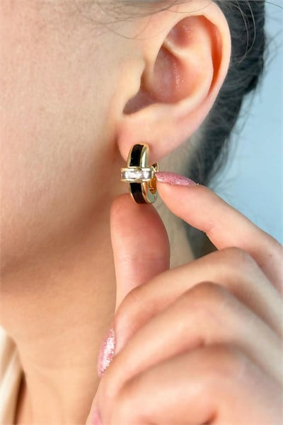 Enamel White Stone Hoop Earrings - Black