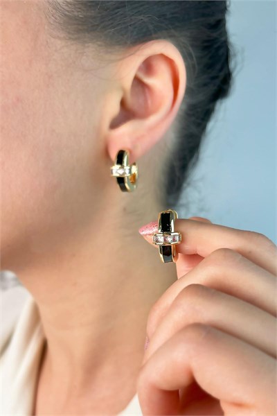 Enamel White Stone Hoop Earrings - Black