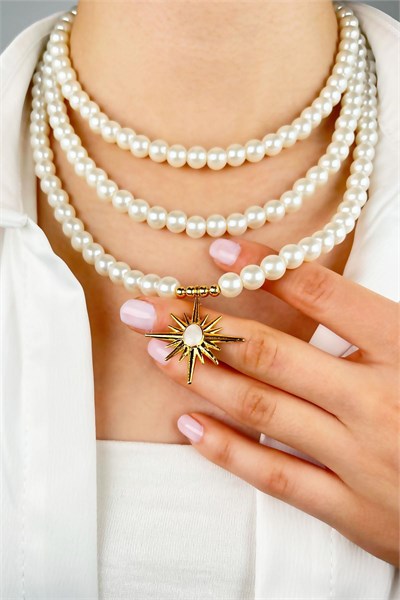 Enamel North Star Three Row Pearl Necklace - White