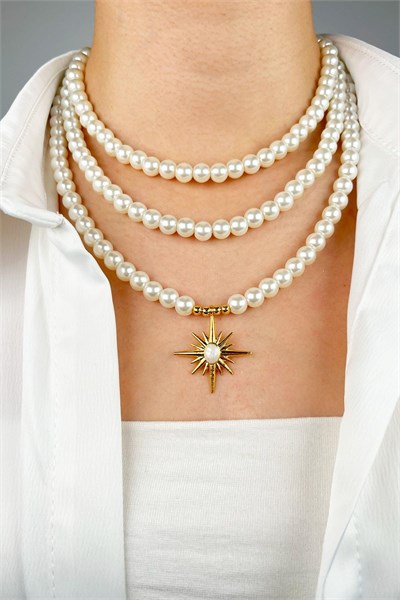 Enamel North Star Three Row Pearl Necklace - White