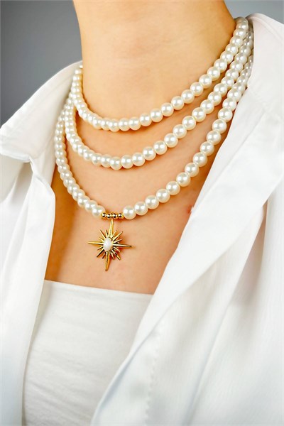 Enamel North Star Three Row Pearl Necklace - White