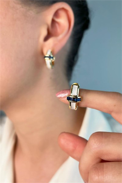 Enamel Navy Stone Hoop Earrings - White