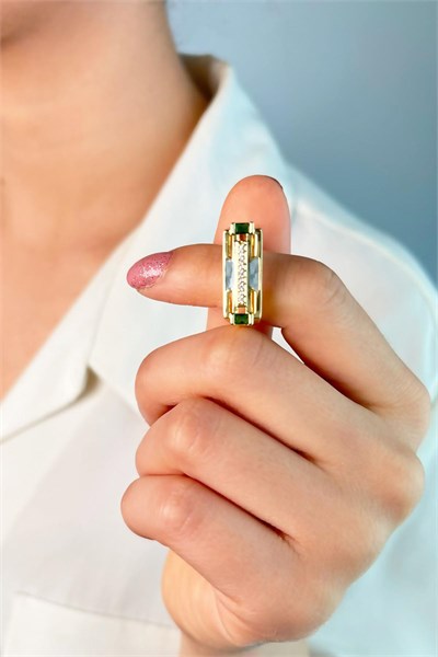 Enamel Stone Rectangular Ring - Gold