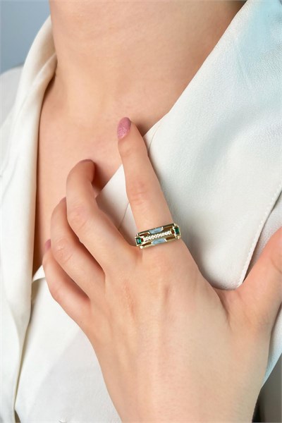 Enamel Stone Rectangular Ring - Gold