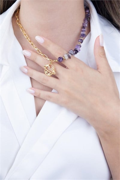 Purple Natural Stone and Chain Saturn Necklace