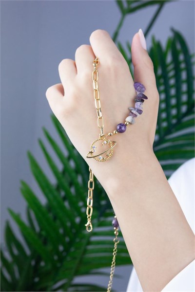 Purple Natural Stone and Chain Saturn Necklace