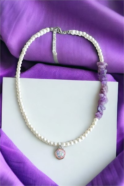 Purple Crushed Stone Asymmetric Pearl Necklace