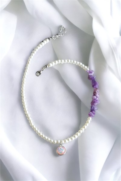 Purple Crushed Stone Asymmetric Pearl Necklace