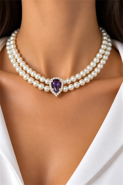 Purple Crystal Tip Pearl Choker Necklace
