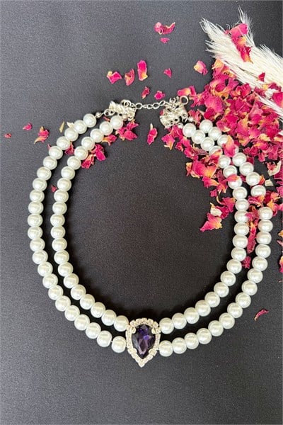 Purple Crystal Tip Pearl Choker Necklace