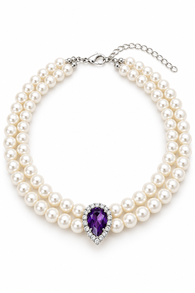 Purple Crystal Tip Pearl Choker Necklace