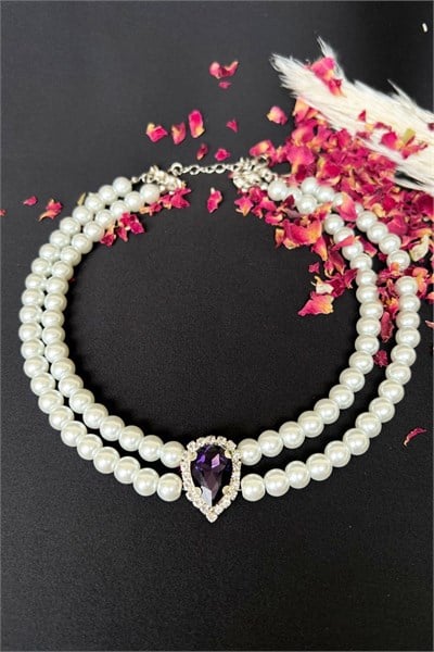 Purple Crystal Tip Pearl Choker Necklace