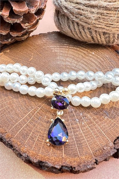 Purple Crystal Tip Spiral Design Pearl Necklace