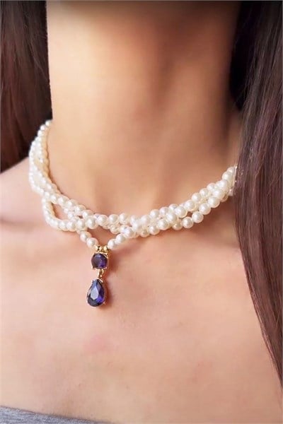 Purple Crystal Tip Spiral Design Pearl Necklace