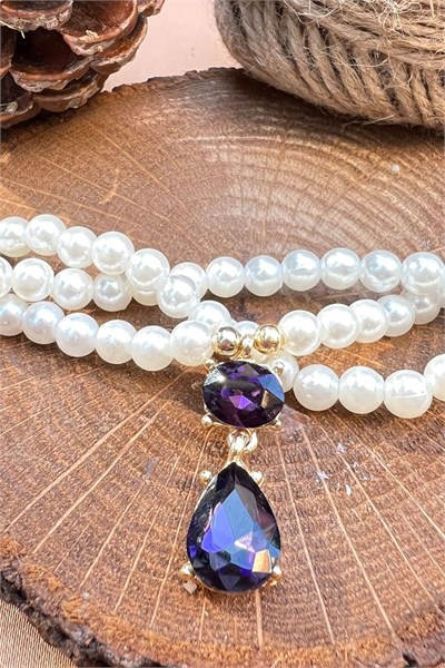 Purple Crystal Tip Spiral Design Pearl Necklace