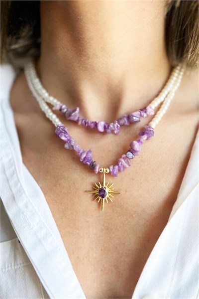 Purple Crushed Natural Stone North Star Detail Pearl Necklace