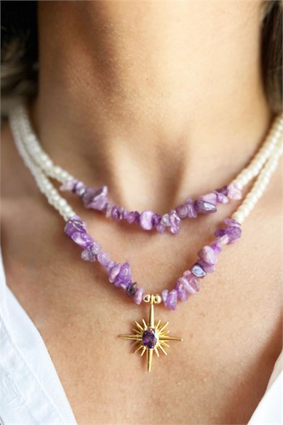 Purple Crushed Natural Stone North Star Detail Pearl Necklace