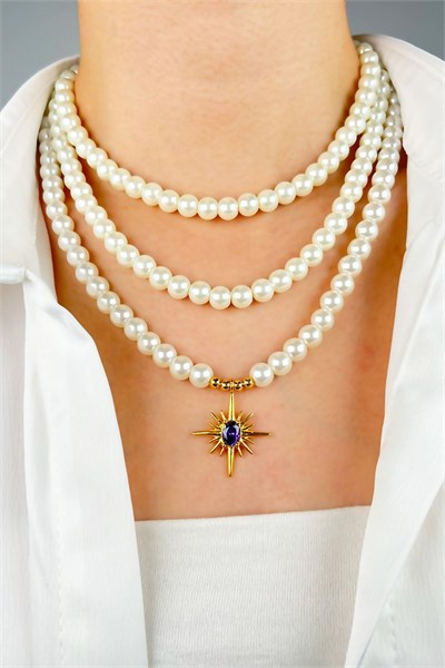 Purple Stone North Star Three Row Pearl Necklace - White