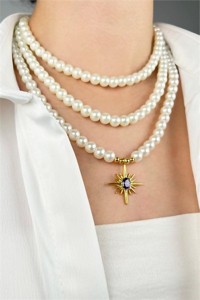 Purple Stone North Star Three Row Pearl Necklace - White