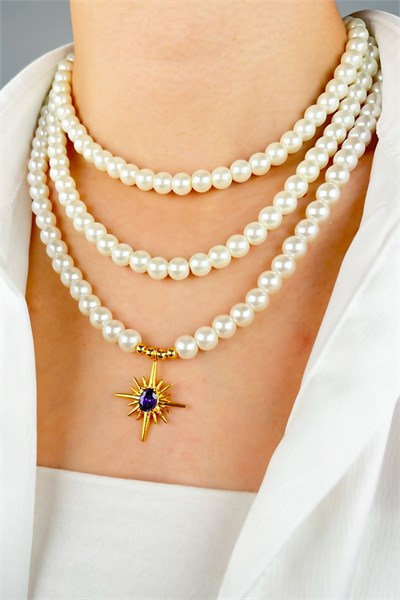 Purple Stone North Star Three Row Pearl Necklace - White