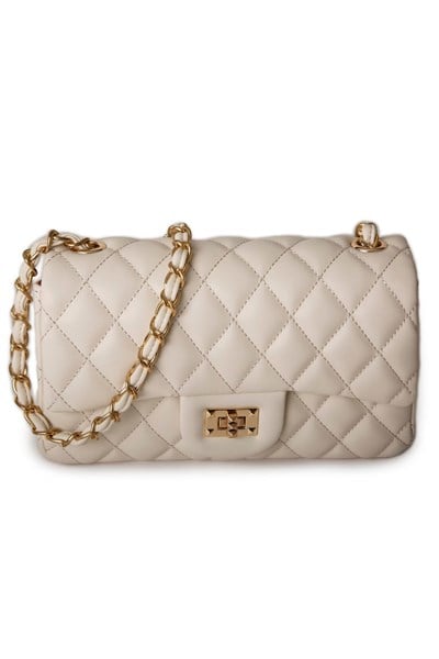 Nas Bag Womens Quilted Crossbody Bag with Chain Detail - Cream