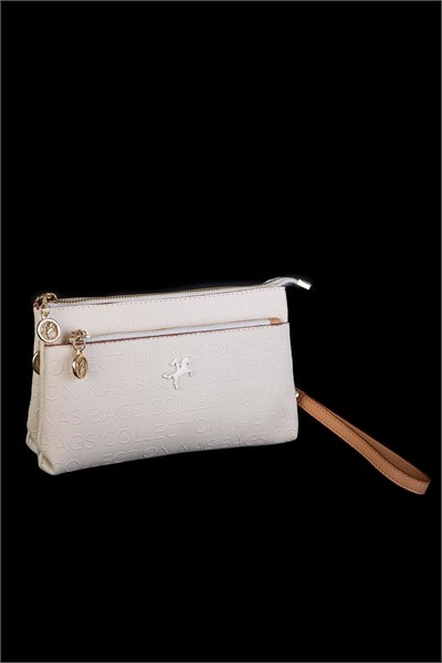 Nas Bag Women’s Crossbody & Clutch Bag with Wrist and Crossbody Straps - Cream/Camel Embossed Finish