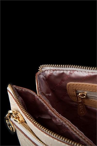 Nas Bag Women’s Crossbody & Clutch Bag with Wrist and Crossbody Straps - Cream/Camel Embossed Finish