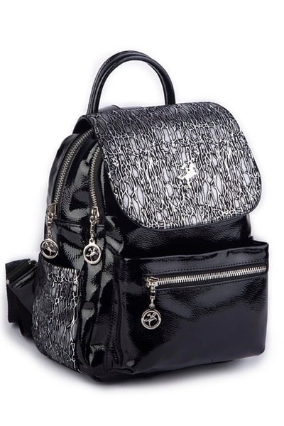 Nas Bag Womens Backpack Double Compartment Sports Bag (23x26x14 cm) - Black Krsk Patent Leather