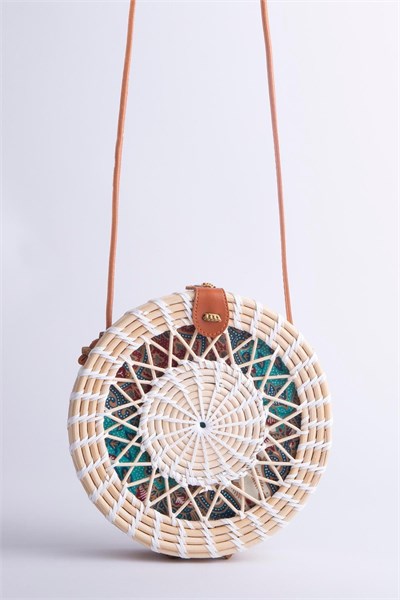 Nas Bag Women’s Round Original Straw Bag with Leather Strap Detail - White