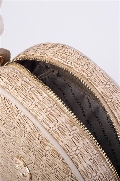Nas Bag Women’s Round Oval Summer Fashion Straw-Look Leather Bag - Sand