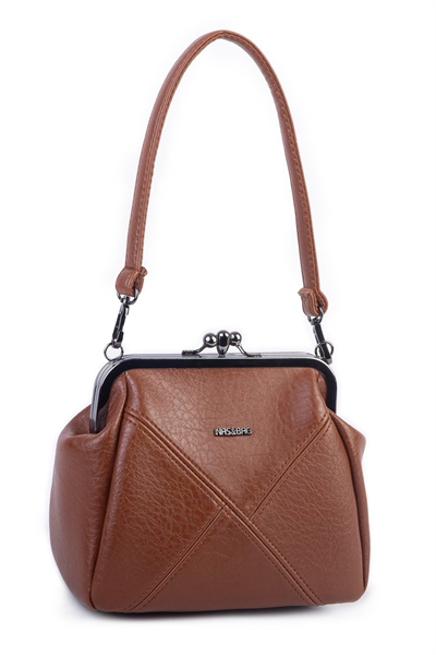 Nas Bag Mini Vintage Burslu Klipsli Kadın Omuz ve Çapraz Çanta Taba Victoria ( 20x17 cm)