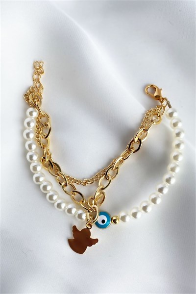Nazar Bead Detail Pearl Multi Gold Bracelet