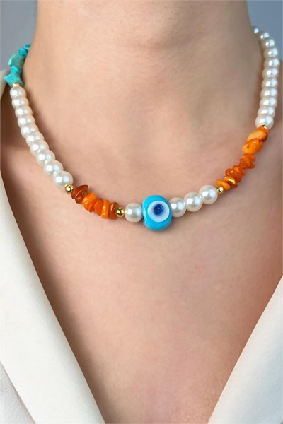 Nazar Bead Coral Natural Stone Pearl Necklace - White