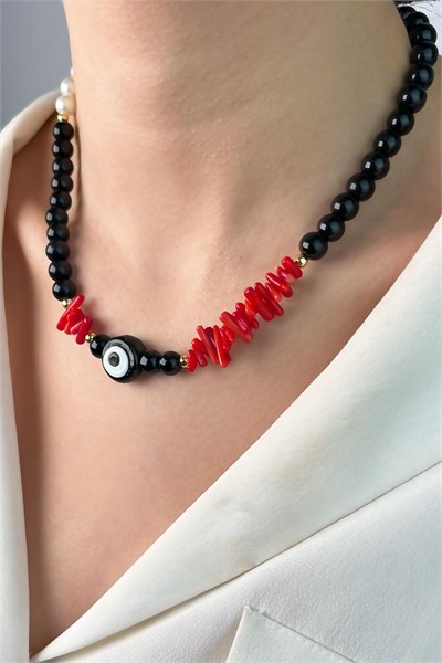 Nazar Bead Coral Natural Stone Pearl and Bead Necklace - Black