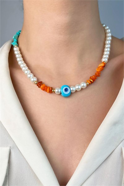 Nazar Bead Coral Natural Stone Pearl Necklace - White