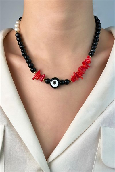 Nazar Bead Coral Natural Stone Pearl and Bead Necklace - Black