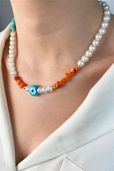 Nazar Bead Coral Natural Stone Pearl Necklace - White