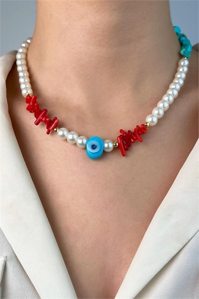 Nazar Bead Coral and Turquoise Natural Stone Pearl Necklace - White