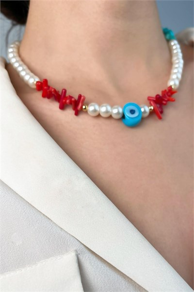Nazar Bead Coral and Turquoise Natural Stone Pearl Necklace - White