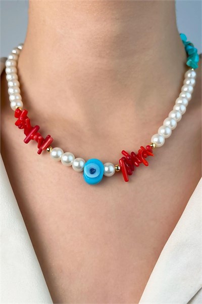 Nazar Bead Coral and Turquoise Natural Stone Pearl Necklace - White
