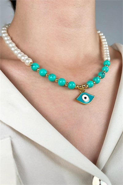 Nazar Eye Tip Pearl and Bead Necklace - Turquoise